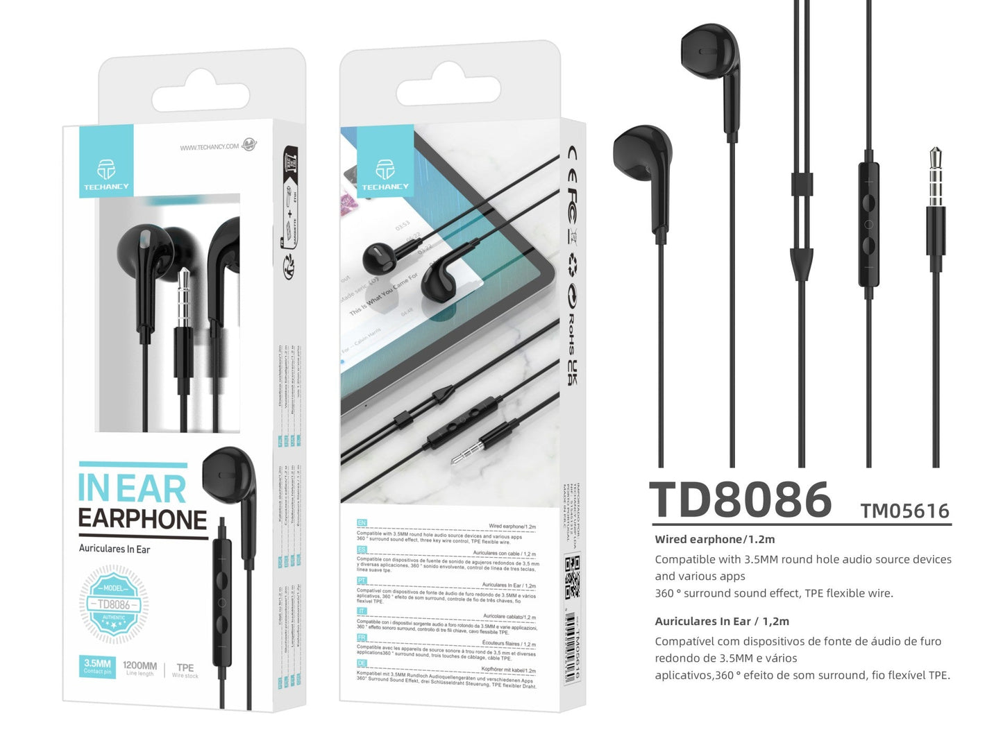 Techancy Auscultadores Intra-Auriculares Pretos 1.2m TD8086-2