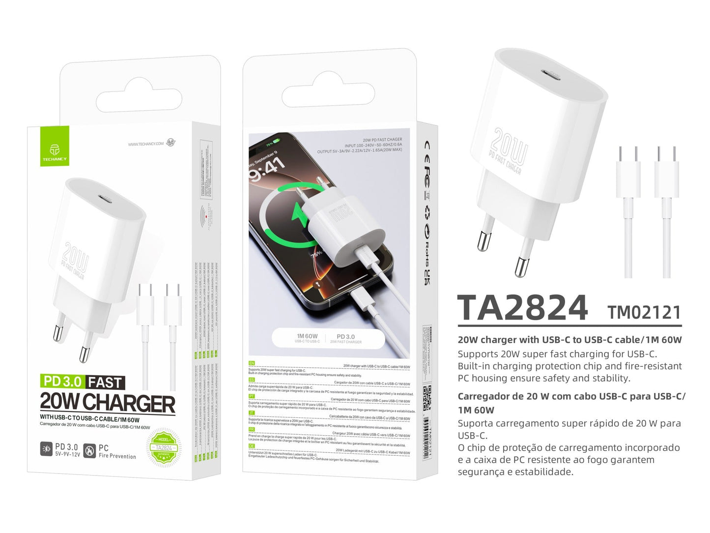 Techancy Carregador TA2824 PD3.0 20W com Cabo USB-C para USB-C -3