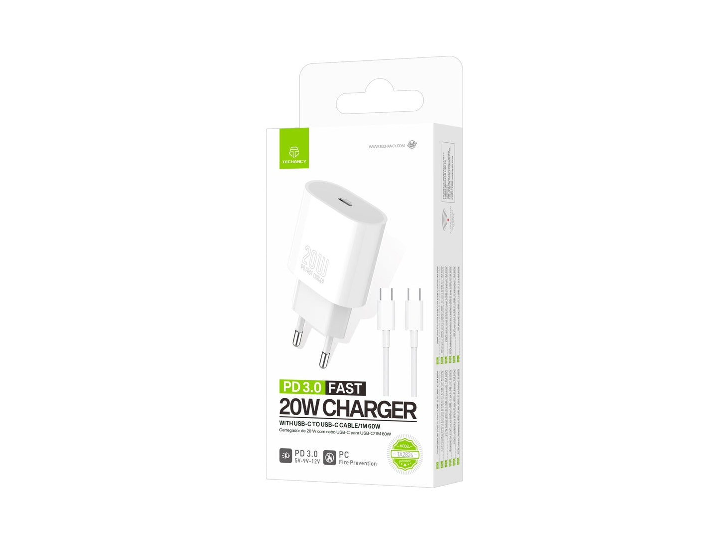 Techancy Carregador TA2824 PD3.0 20W com Cabo USB-C para USB-C -1