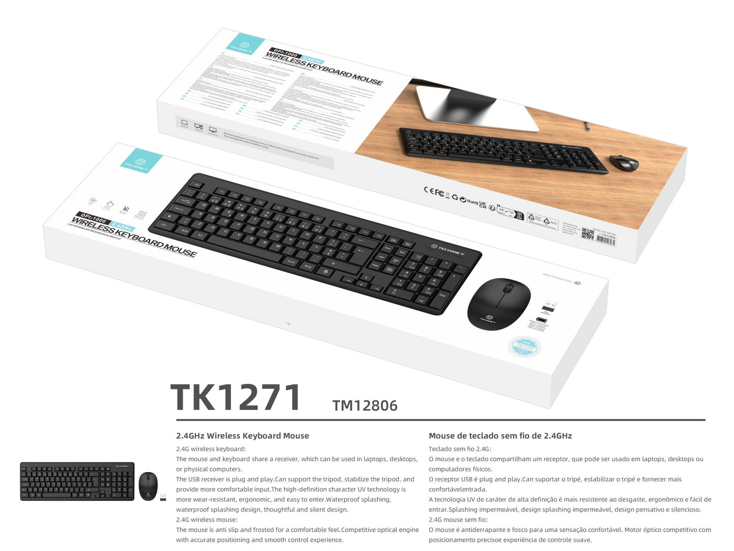 Techancy Kit De Teclado E Rato Sem Fios 2.4g Preto TK1271-2