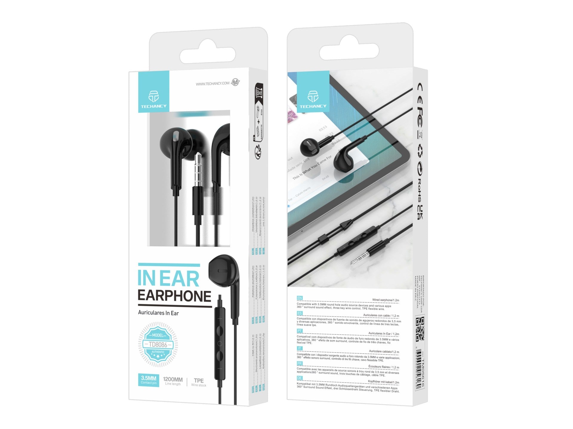 Techancy Auscultadores Intra-Auriculares Pretos 1.2m TD8086-1