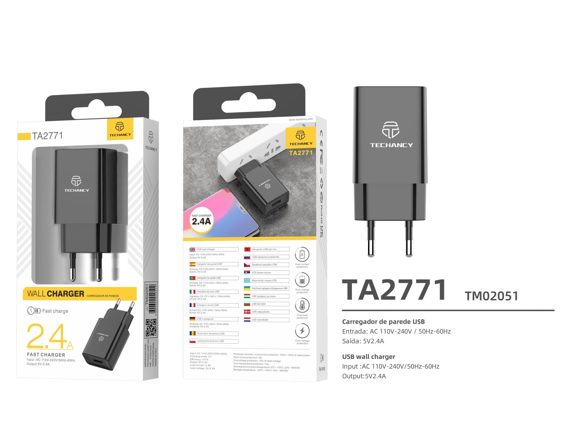 Techancy Carregador De Telemóvel Preto TA2771-2