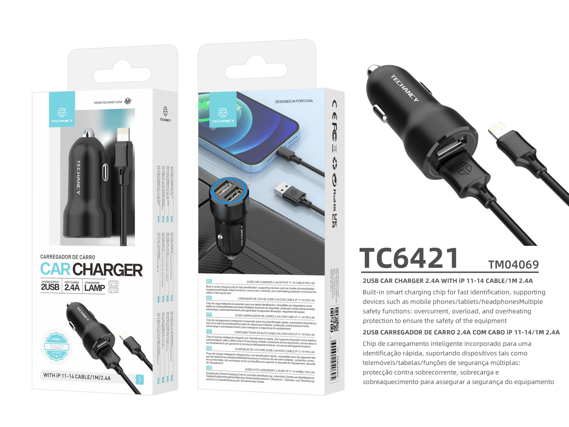 Techancy Carregador de Carro 2USB 2.4A com Cabo iP 11-14/1M TC6421 -2