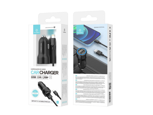 Techancy Carregador de Carro 2USB 2.4A com Cabo iP 11-14/1M TC6421 -1