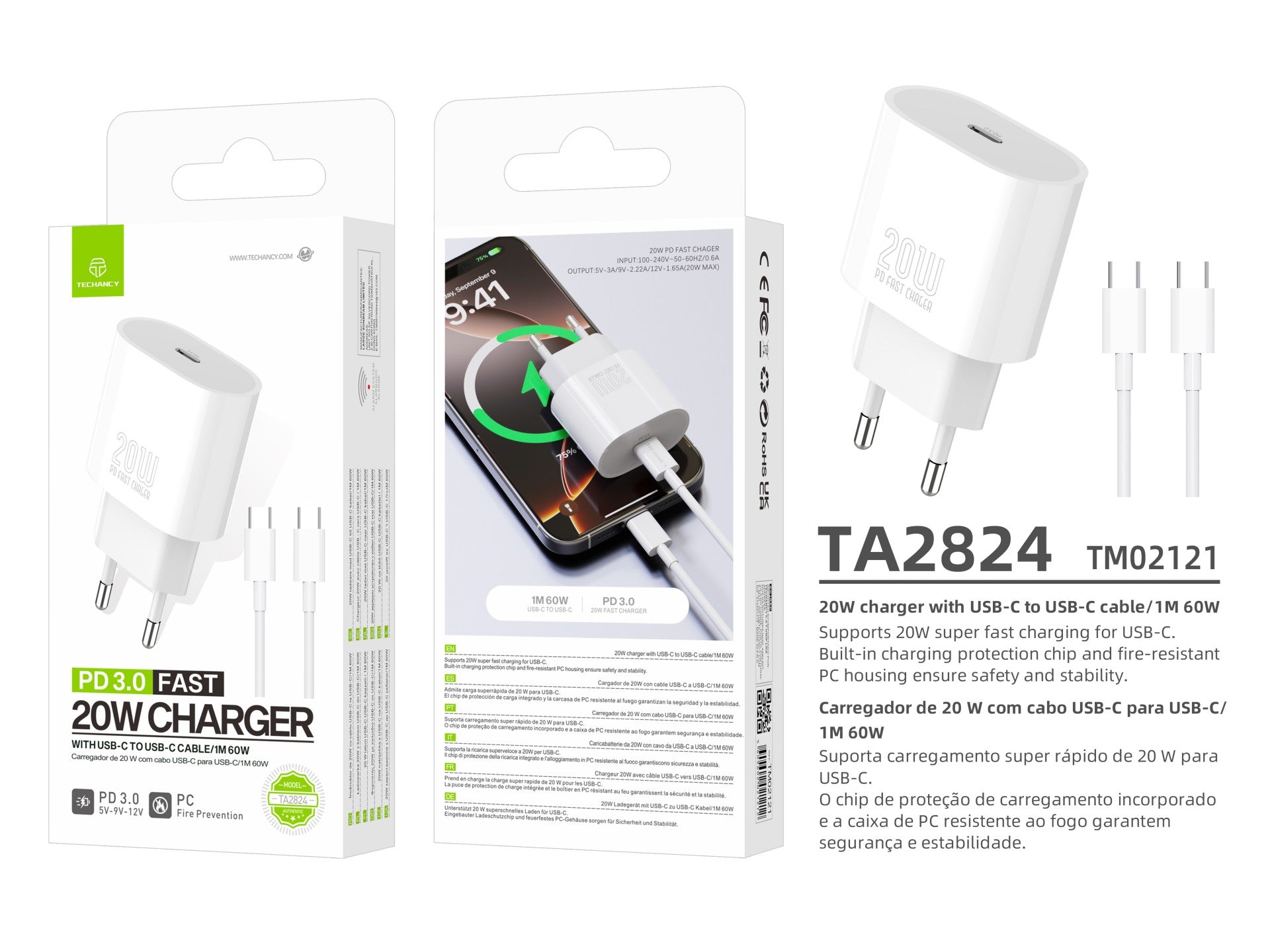 Techancy Carregador TA2824 PD3.0 20W com Cabo USB-C para USB-C -3