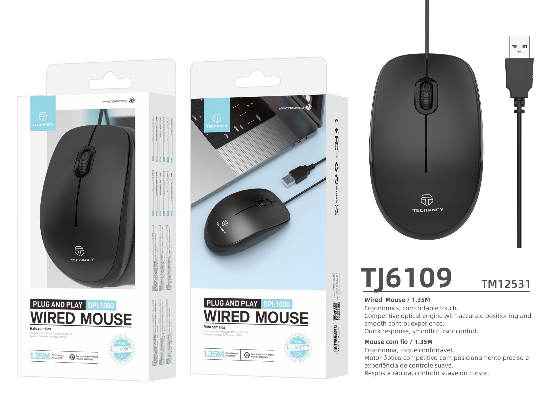 Techancy Rato Com Fios Usb Preto TJ6109-2