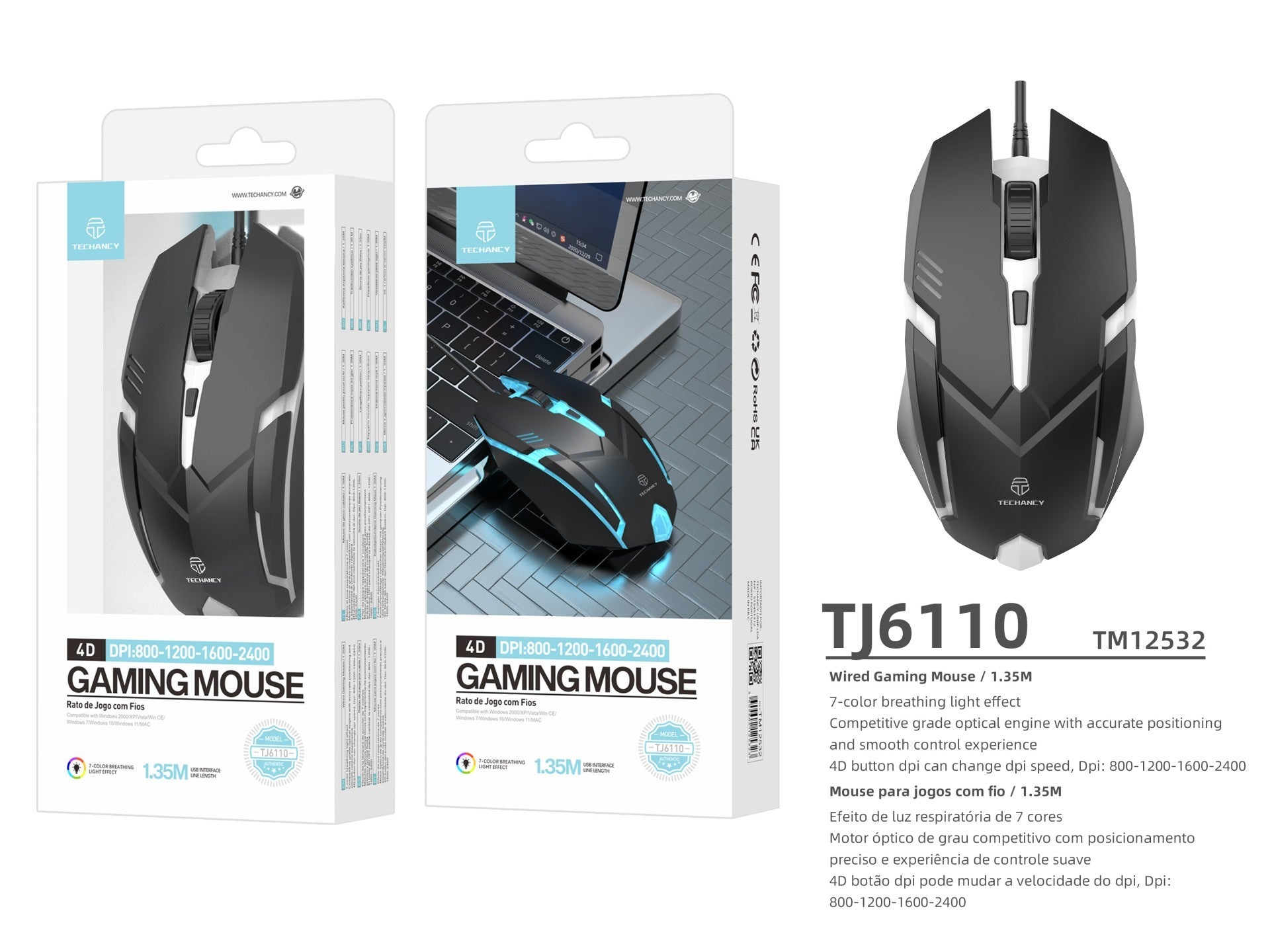Techancy Rato Para Jogos Com Fios Usb  TJ6110-2