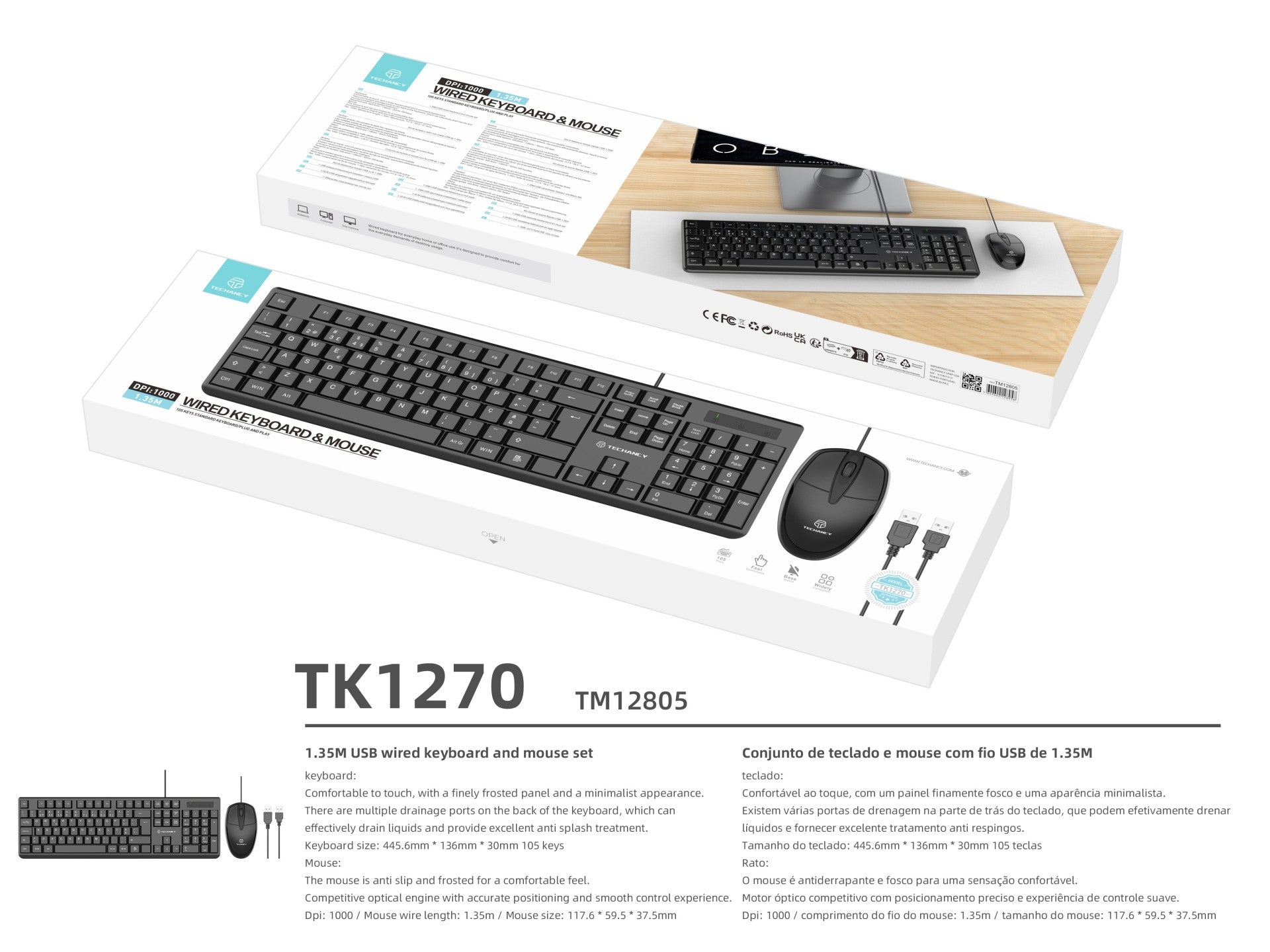Techancy Conjunto De Teclado E Rato Com Fios Usb TK1270-2